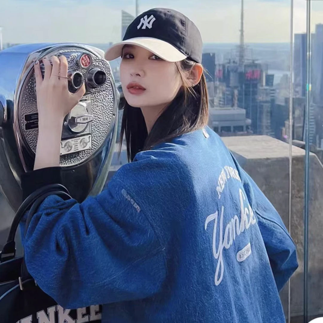 MLBMLB 纽约洋基队印花拼色单排扣长袖棒球服牛仔外套男女同款 DF