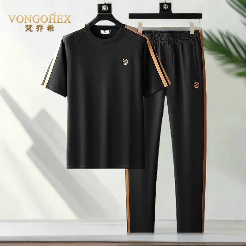 VONGOHEX短袖刺绣休闲运动套装男夏季新款吸汗莫代尔棉套装时尚