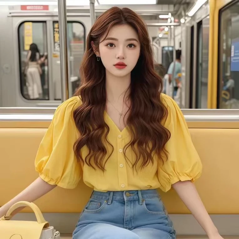 法式温柔风泡泡袖短袖衬衫女夏季新款气质百搭绝美别致百搭上衣