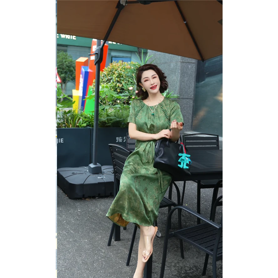 【渣渣推荐 翠影幽韵香云纱】XFY2501019显瘦气质复古夏季连衣裙