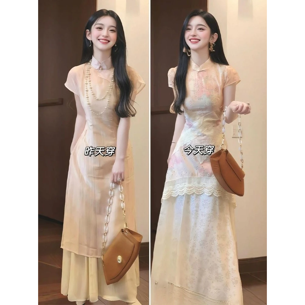新中式国风女装假两件蕾丝连衣裙2025夏季新款气质收腰改良旗袍裙