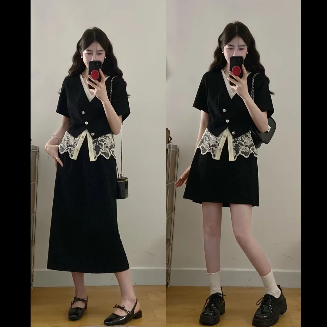 大码新款夏款时尚设计高级感拼接蕾丝假两件上衣+半身裙两件套