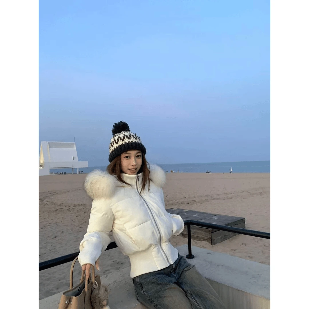 棉服女高级感白色大毛领连帽冬季新款收腰显瘦小个子短款保暖外套