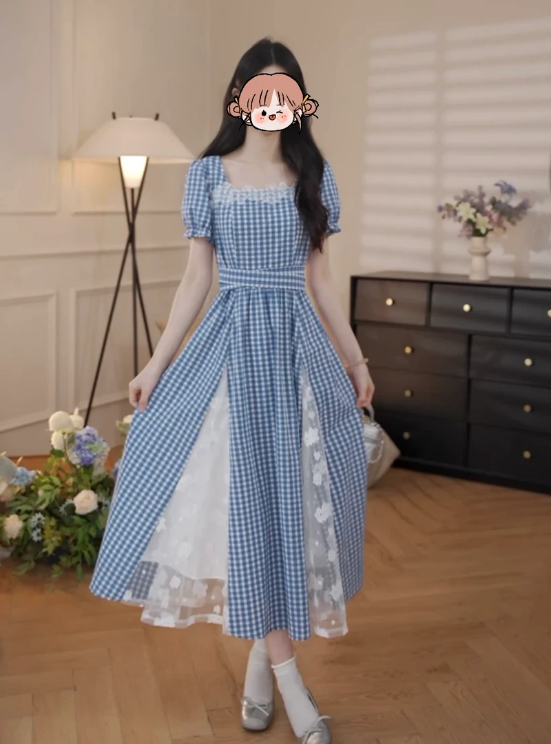 鹿向南「米兰旧刊」夏季新款韩系甜美格纹女方领收腰修身蓝色连衣裙