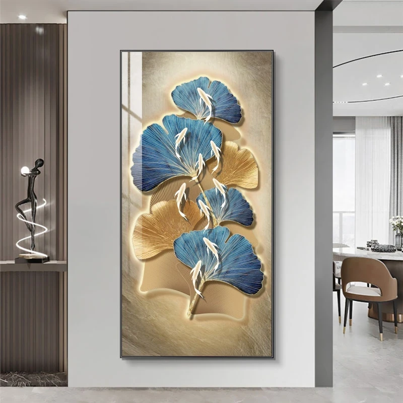 【云起】九鱼银杏叶玄关晶瓷镶钻装饰画新中式80160