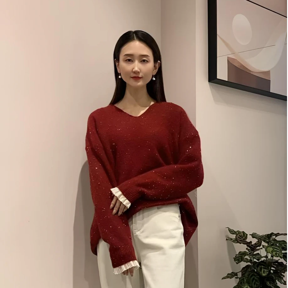 809春季新款V领蕾丝拼接浣熊绒毛衣女宽松显瘦百搭针织衫