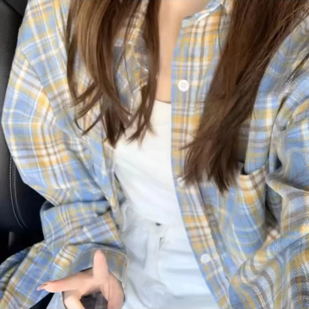 3韩版格子衬衫时尚ins风休闲衬衫宽松显瘦百搭设计感长款