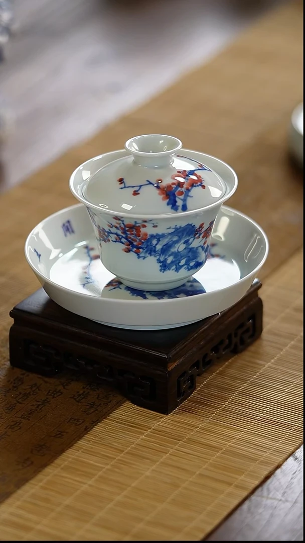 瓷景德镇陶瓷茶器红梅三才盖碗