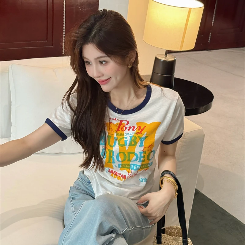 YPP！【时髦玩味】 四季皆可搭休闲舒适撞色印花T恤正肩圆领短袖tee