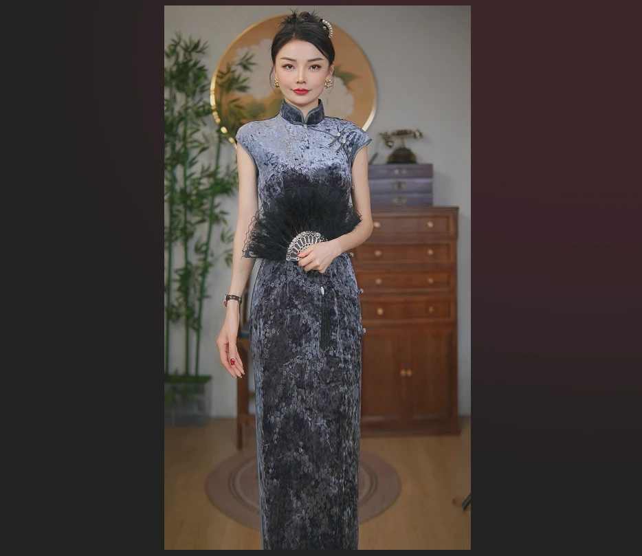 新款2025高蓝灰色优雅气质中国风长款旗袍复古日常修身苏州旗袍