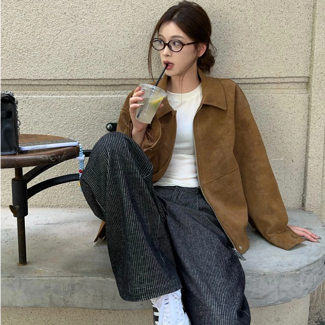 欧美风常规法式短外套宽松风衣休闲地雷系棕色麂皮外套夹克上衣