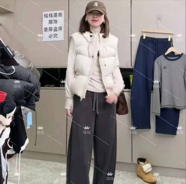 拼接镰刀卫裤女冬新款加厚高腰显瘦休闲宽松加绒阔腿长裤-6650