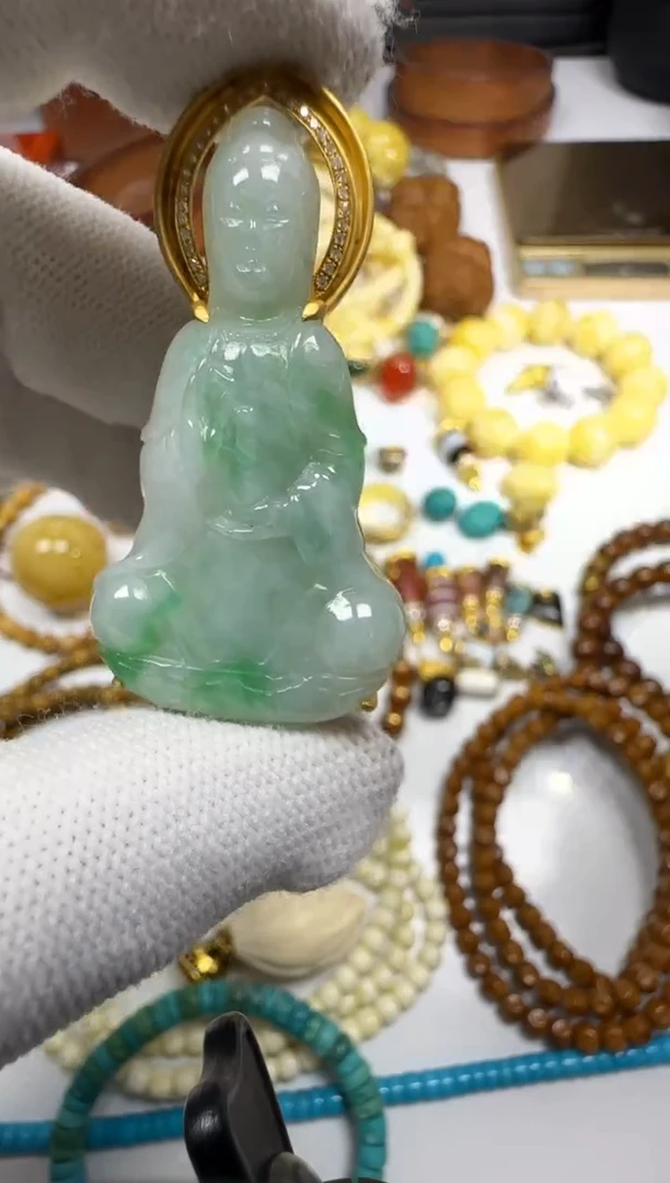 吊坠(不含链)18K金镶嵌翡翠缅甸翡翠观音牌