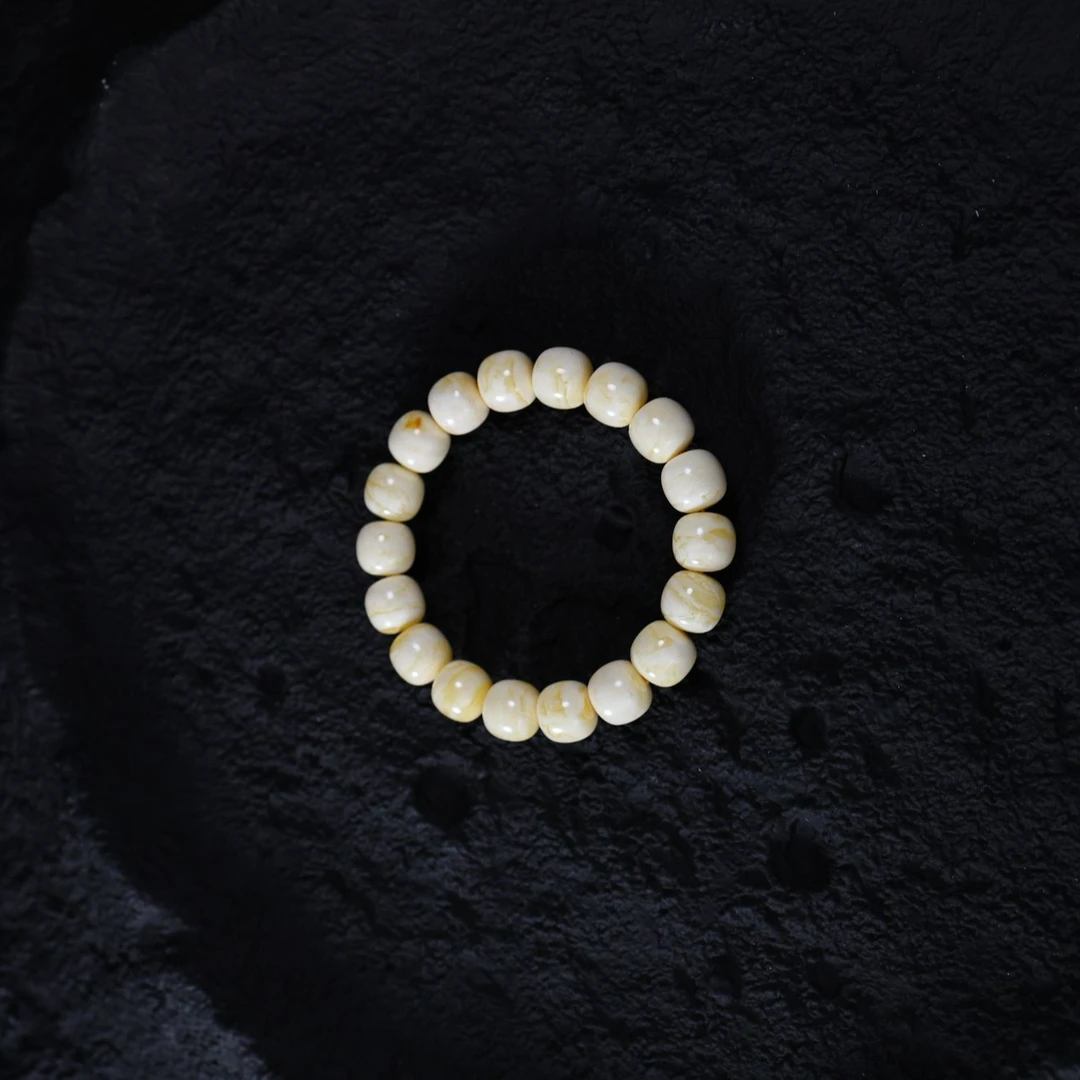 E090同料13mm瓷白满蜡精工老型蜜蜡手串 国潮文玩精品单圈