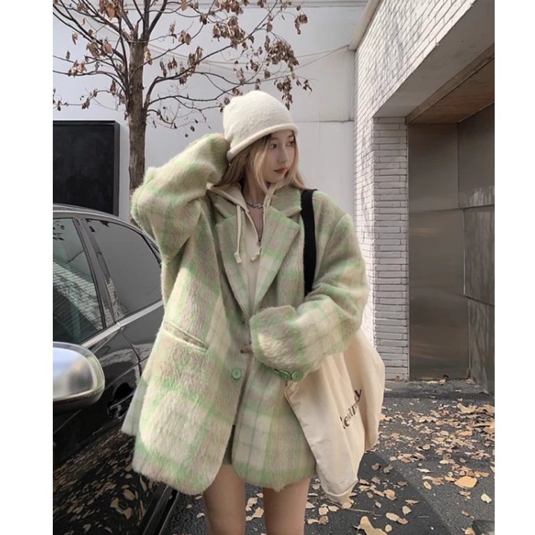 绿色毛呢西装外套呢子大衣套装女秋冬季高腰格子半身裙韩系两件套