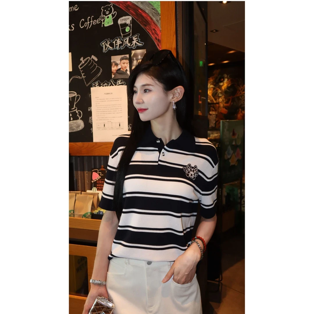 GIRDEAR/哥弟夏季时尚百搭显瘦翻领宽松经典条纹POLOT恤138023