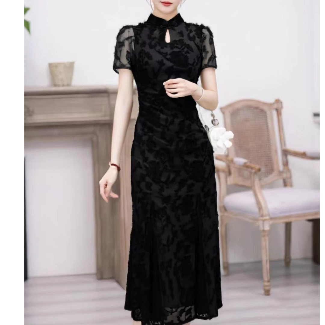 单排扣长款复古中国风连衣裙F2091（微瑕，介意勿拍，不退不换）