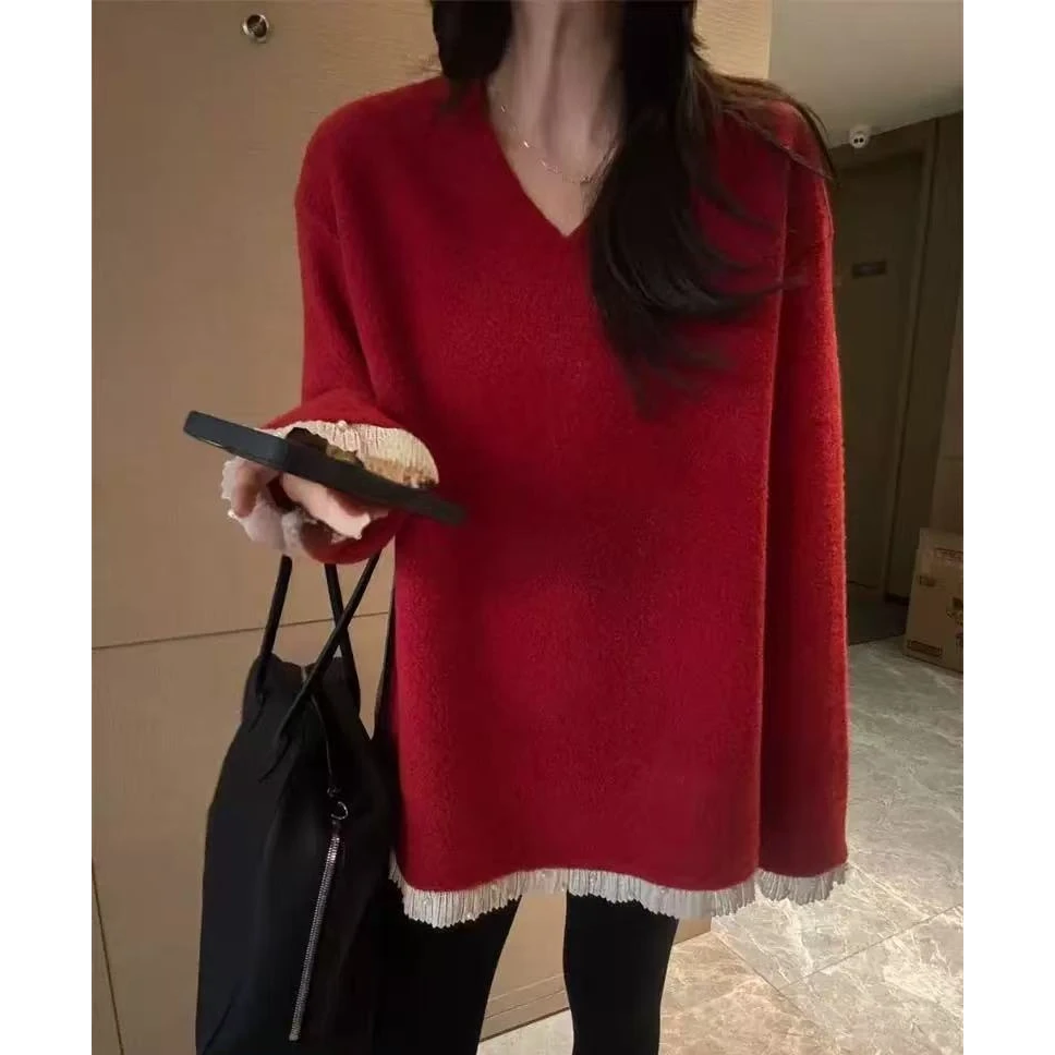 韩版慵懒风撞色拼接V领套头卫衣女2024年冬季洋气宽松休闲上衣潮