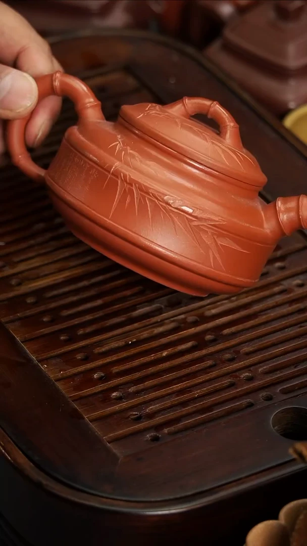 茶壶紫砂宜兴紫砂朱泥竹鼓250毫升