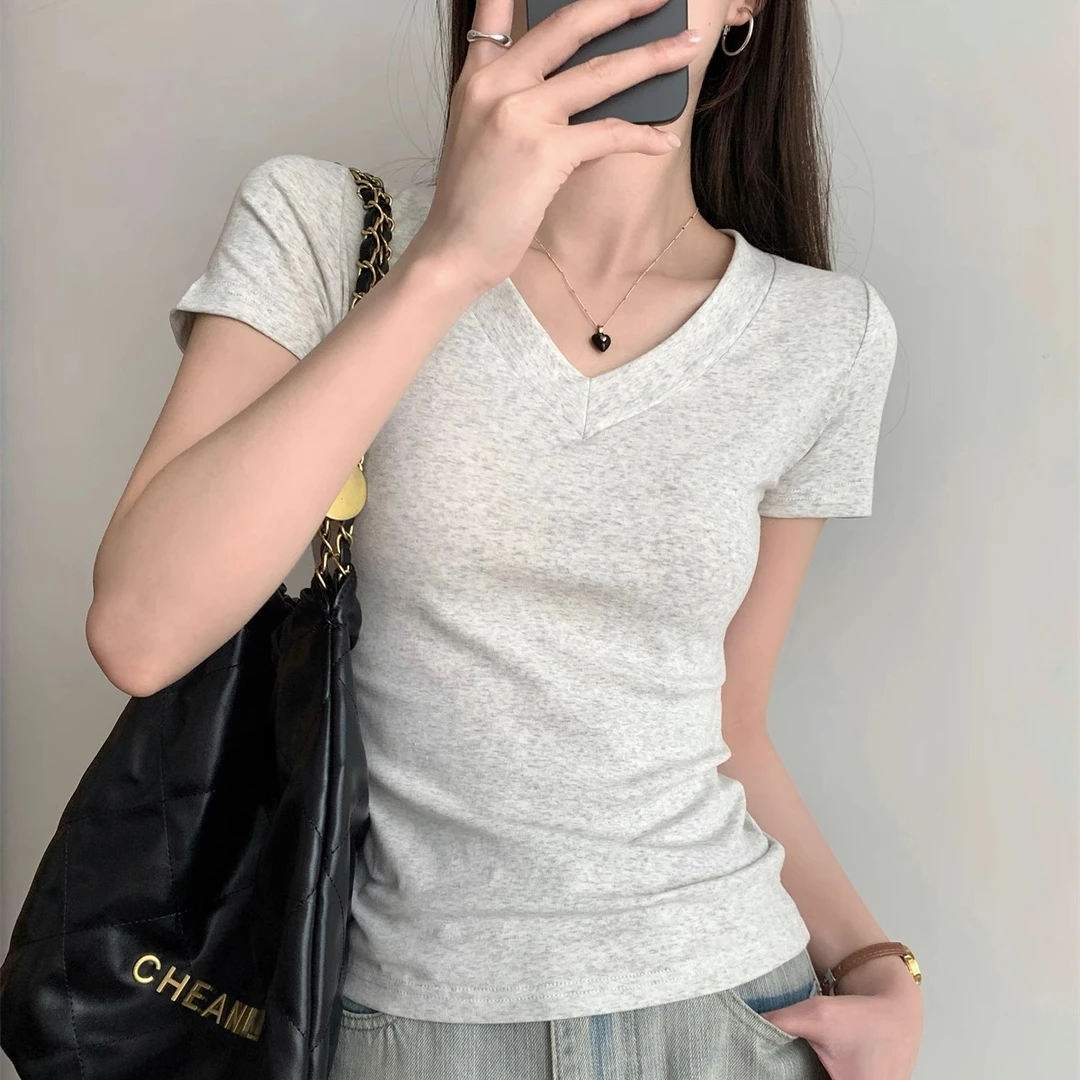 夏季新款V领打底衫女2024百搭显瘦修身短袖T恤女纯色正肩上衣小衫