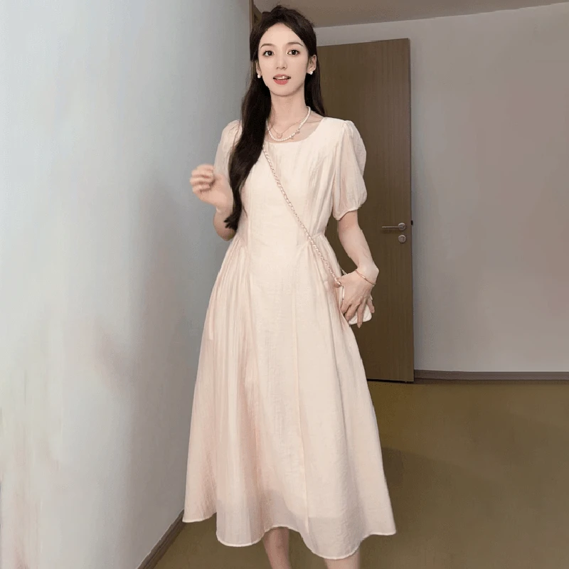 【有内衬】夏季2025新款极简风时尚收腰短袖女装复古显瘦连衣裙1546