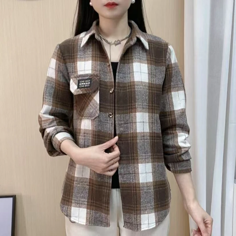 2025年秋季新款宽松休闲格子衬衫女 中长款洋气百搭长袖外套女装