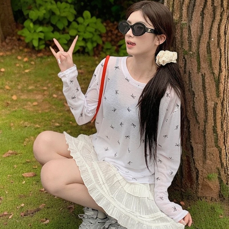 纯欲蝴蝶结印花微透防晒长袖t恤女2025夏季新款罩衫宽松圆领上衣