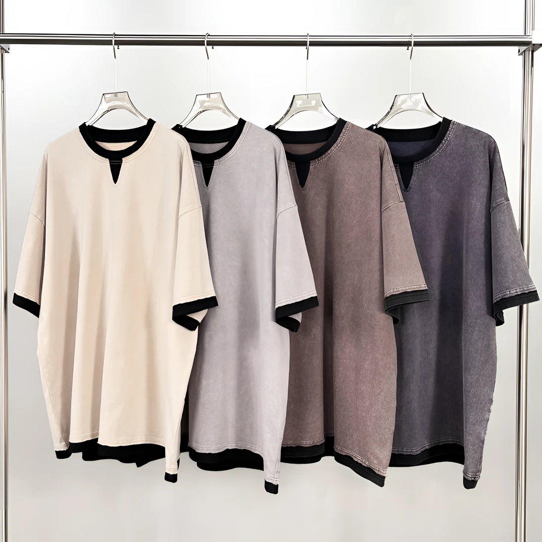 美式复古水洗蜡染cleanfit风双层领假两件短袖t恤男宽松叠穿T恤潮