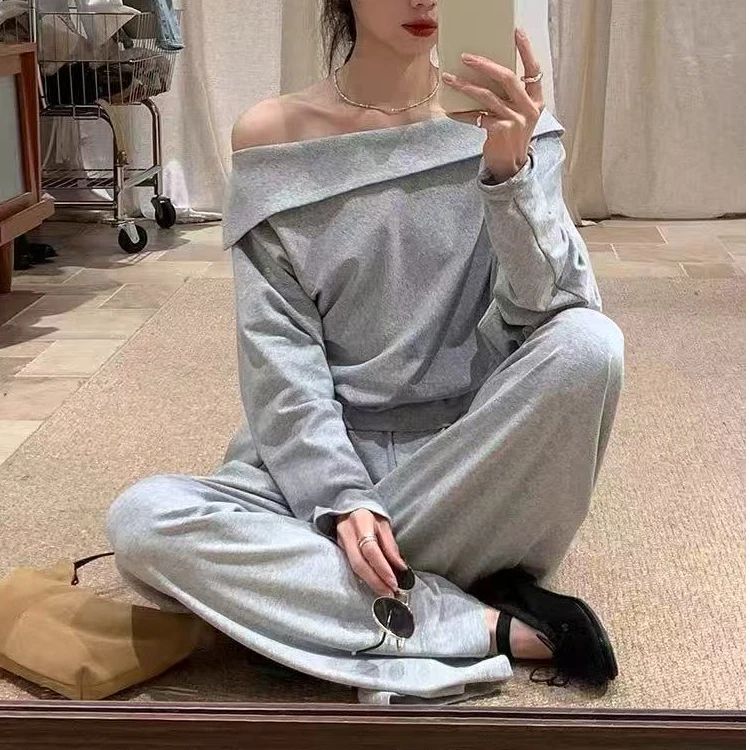 【香姐推荐】【Cx121】春季时尚新款简约纯色一字斜肩长袖T恤显瘦