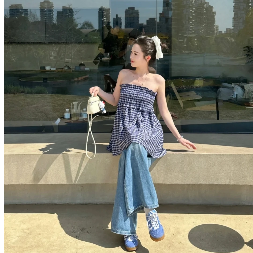 蓝色格子高腰a字半身裙女夏季伞裙两穿打揽抹胸上衣百褶复古显瘦