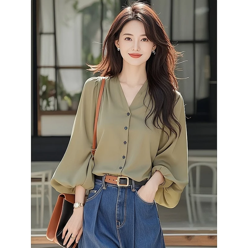 超好看绿色雪纺衬衫女春季新款宽松设计感小众高级感洋气减龄上衣