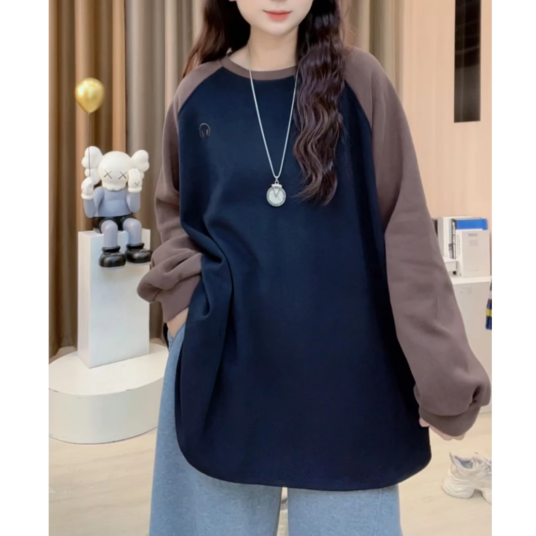 2025秋冬新款韩版女装中长款宽松上衣拼接长袖圆领打底卫衣B250