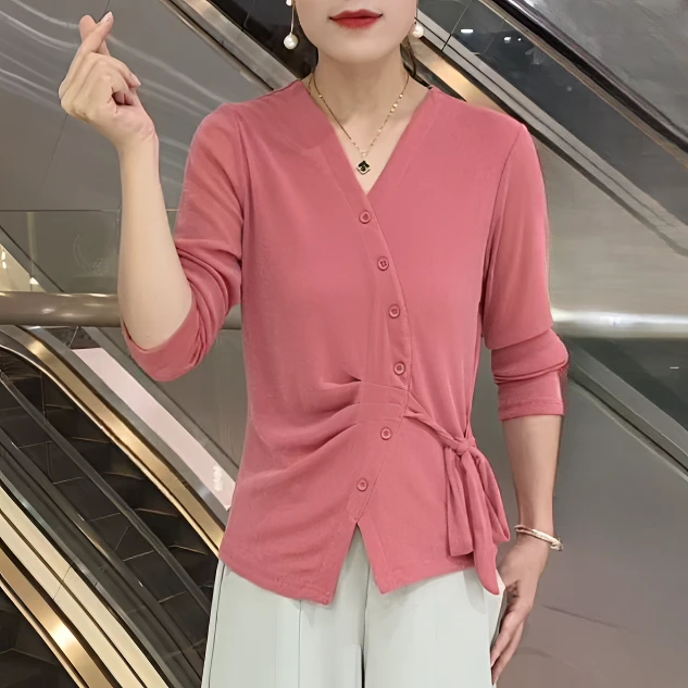秋季爆款纯色弹力网纱修身光版百搭长袖纽扣洋气时尚妈妈装打底衫