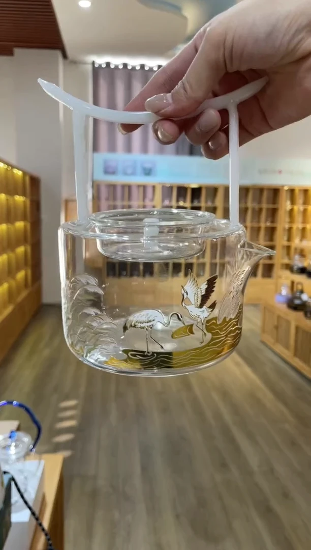 手工艺品玻璃鹊桥提梁壶鹤栖白玉