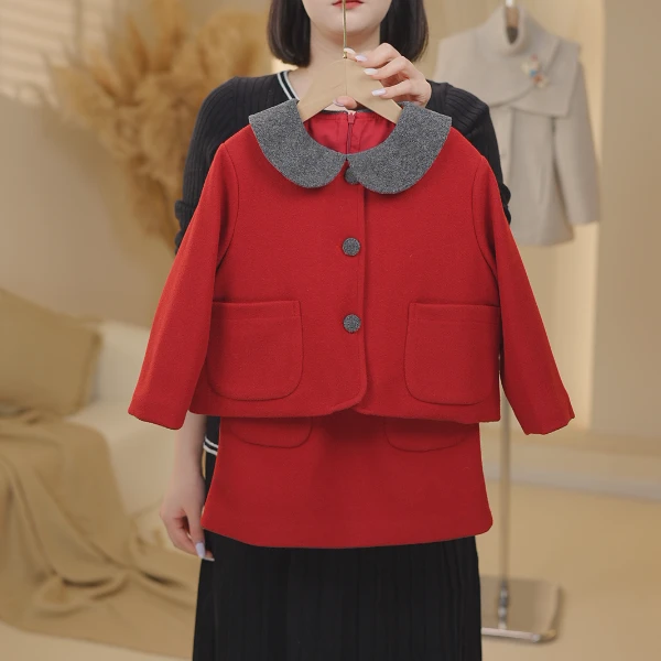 冬季女童小香风套装毛呢洋气女孩中大童外套背心裙两件套D009