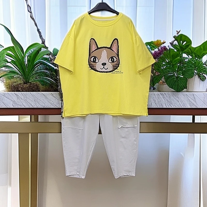 120-210斤 衣长70胸围140 韩国东大门猫咪冰棉开衩T恤