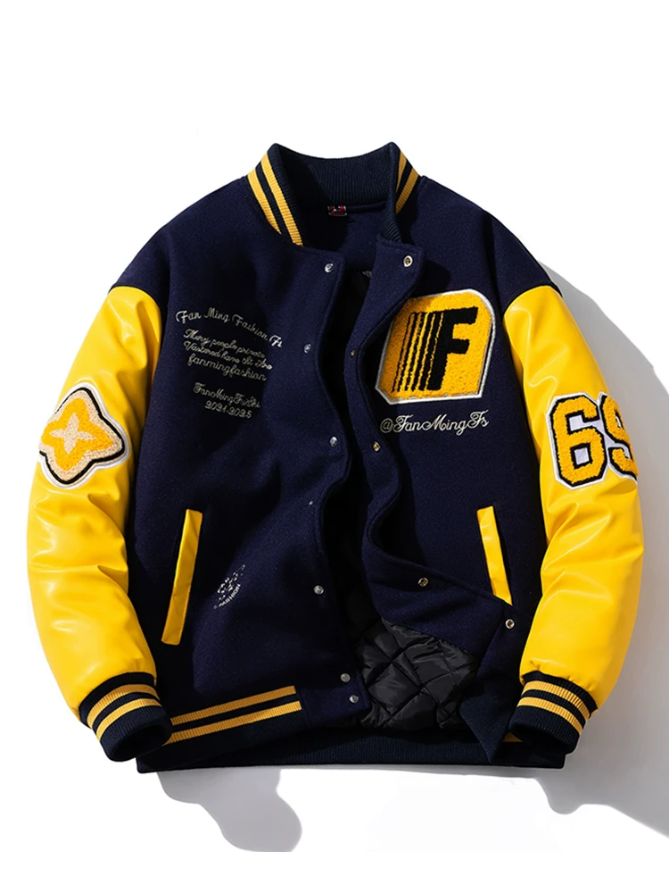 秋冬季徽章拼接毛呢棒球服外套男女情侣休闲加厚宽松撞色夹克棉服