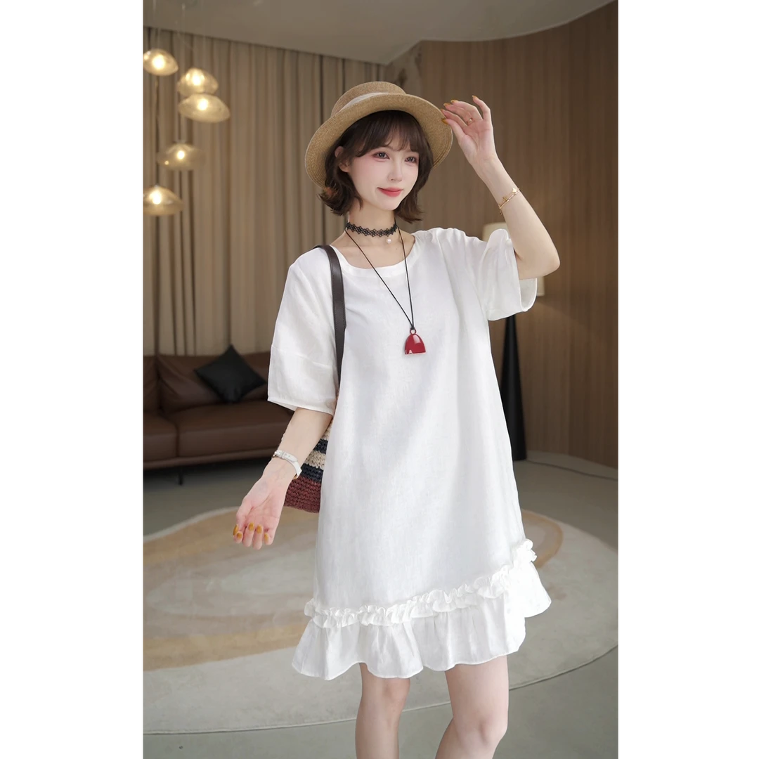 现货【薇薇绮】夏季亚麻后背蕾丝拼接下摆木耳花边连衣裙 D862