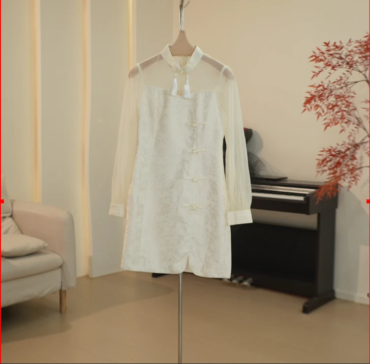 C243 ML系列新中式网纱透肉流苏提花设计连衣裙