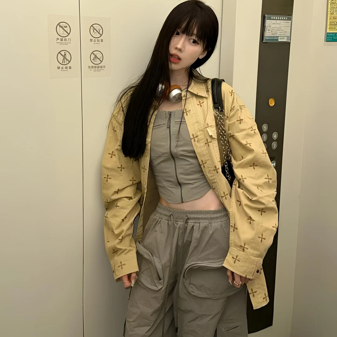 【C衬衫 长裙合集】国潮十字花衬衣春秋美式长袖短款休闲百搭复古