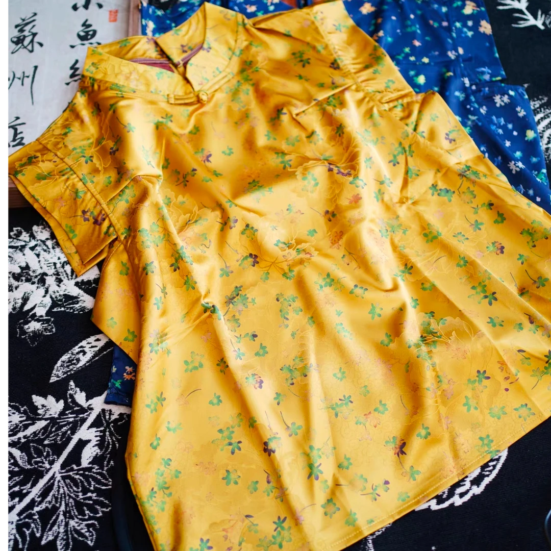 夏季新中式复古气质独特小众高级金黄短款缎面旗袍立领无袖衬衫潮