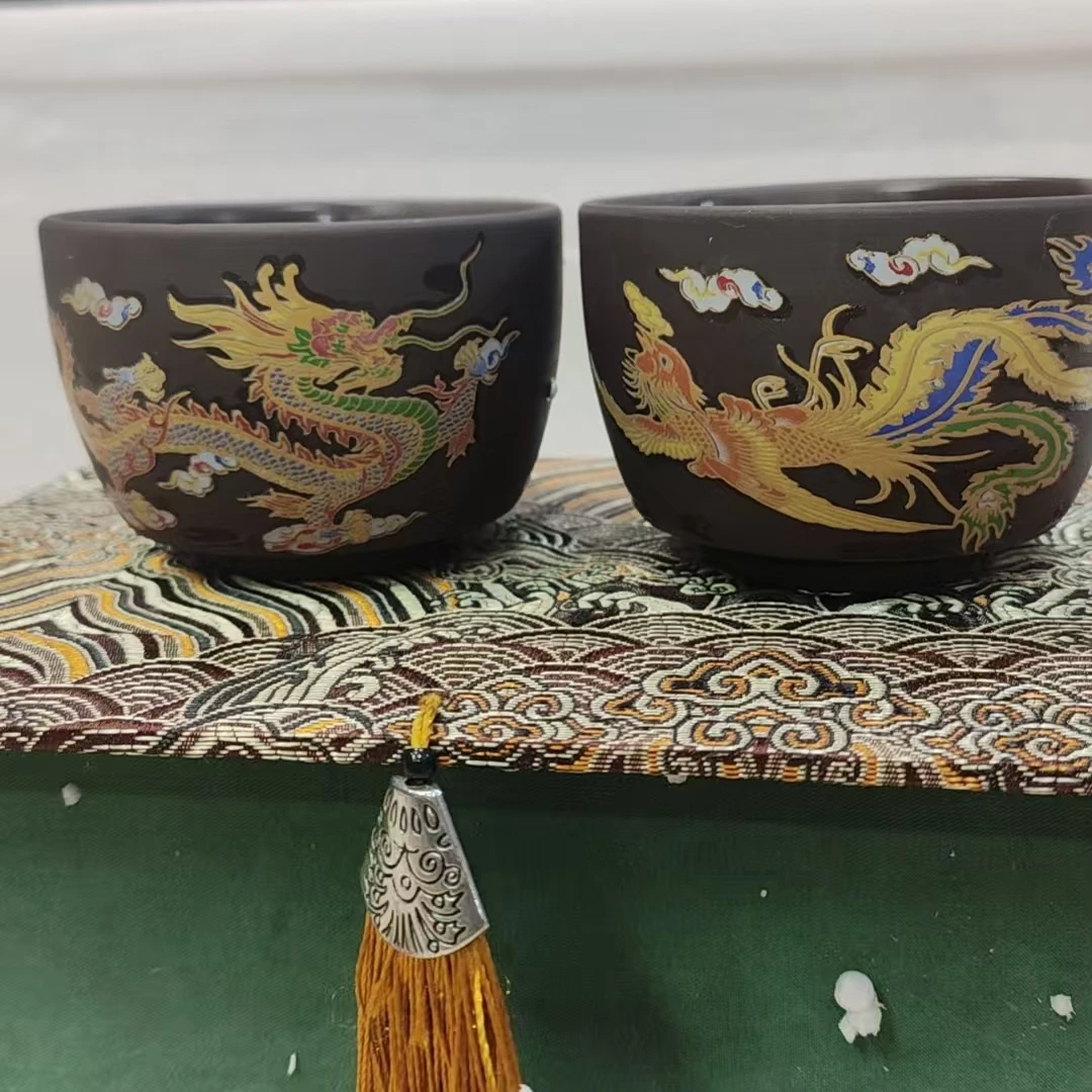 【闪购商品】黑泥紫砂龙凤呈祥变色对杯（无礼盒）