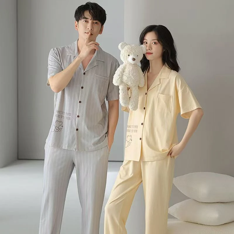 高品质纯棉情侣睡衣新款短袖长裤男士家居服女外穿套装-燕