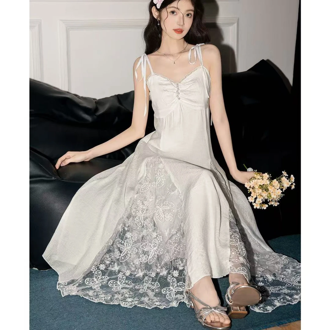 0081-蕾丝拼接吊带连衣裙女2025夏季新款气质减龄收腰显瘦蕾丝