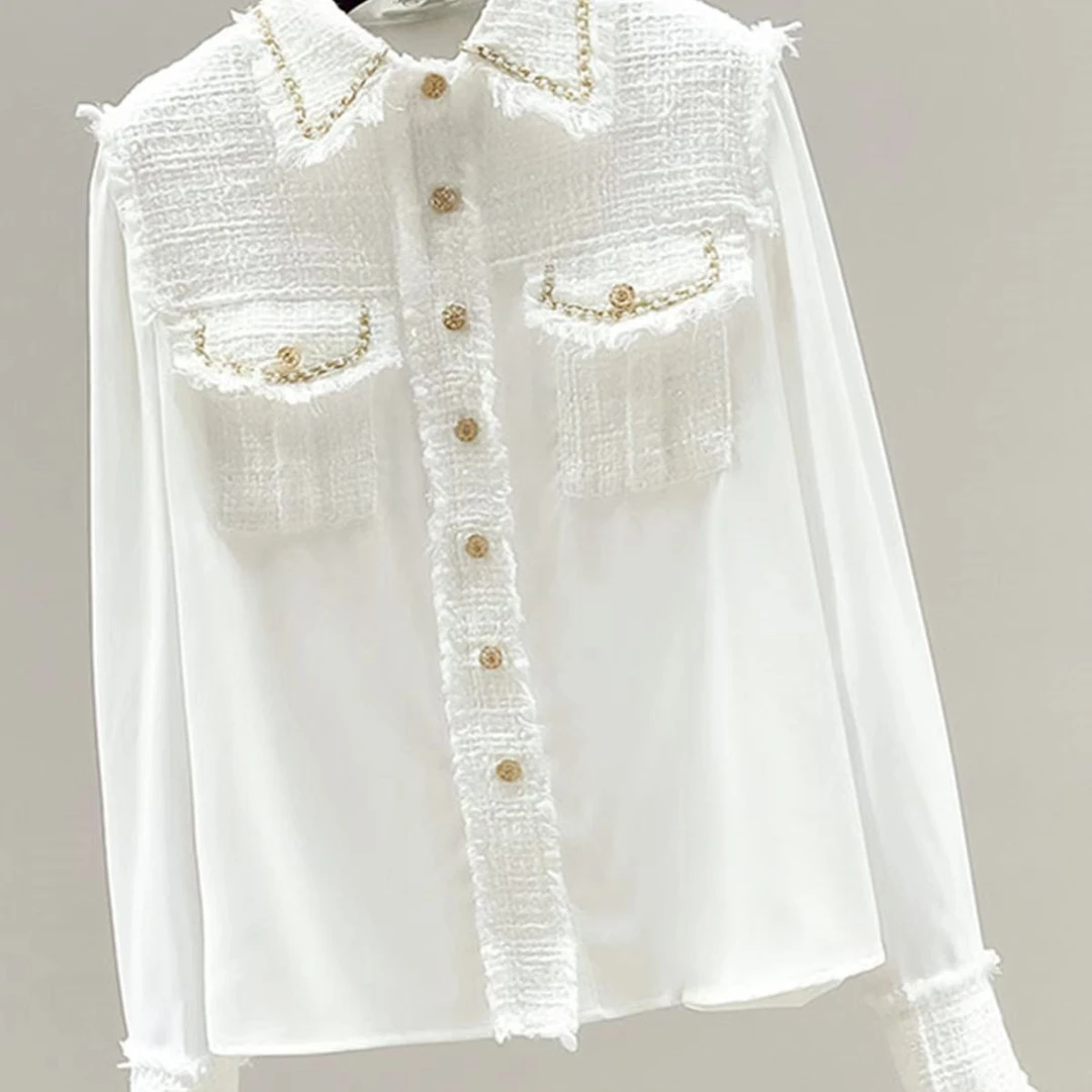 C53法式高级感粗花拼接衬衫女春款气质宽松遮肚衬衣长袖上衣