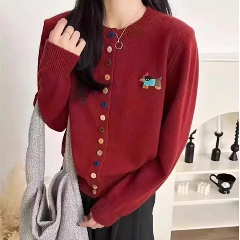 春秋针织毛衣彩扣开衫女加厚显瘦百搭卡通小狗外套针织衫新款女