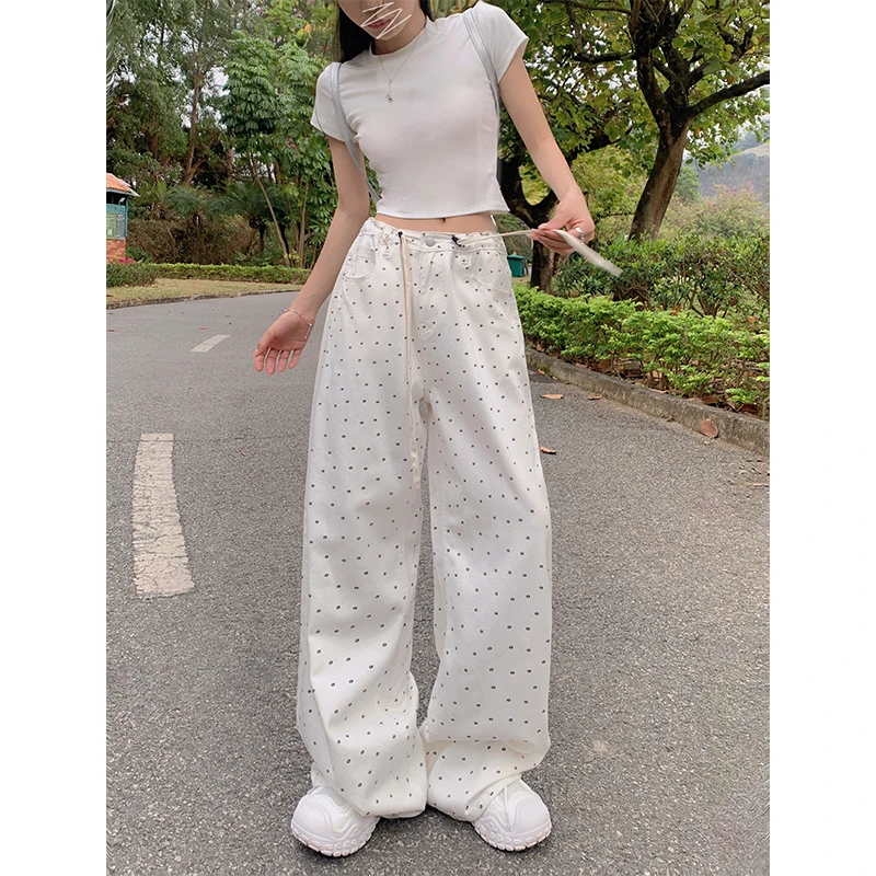 波点直筒牛仔裤女2025夏季新款抽绳设计百搭休闲高腰显瘦阔腿裤子