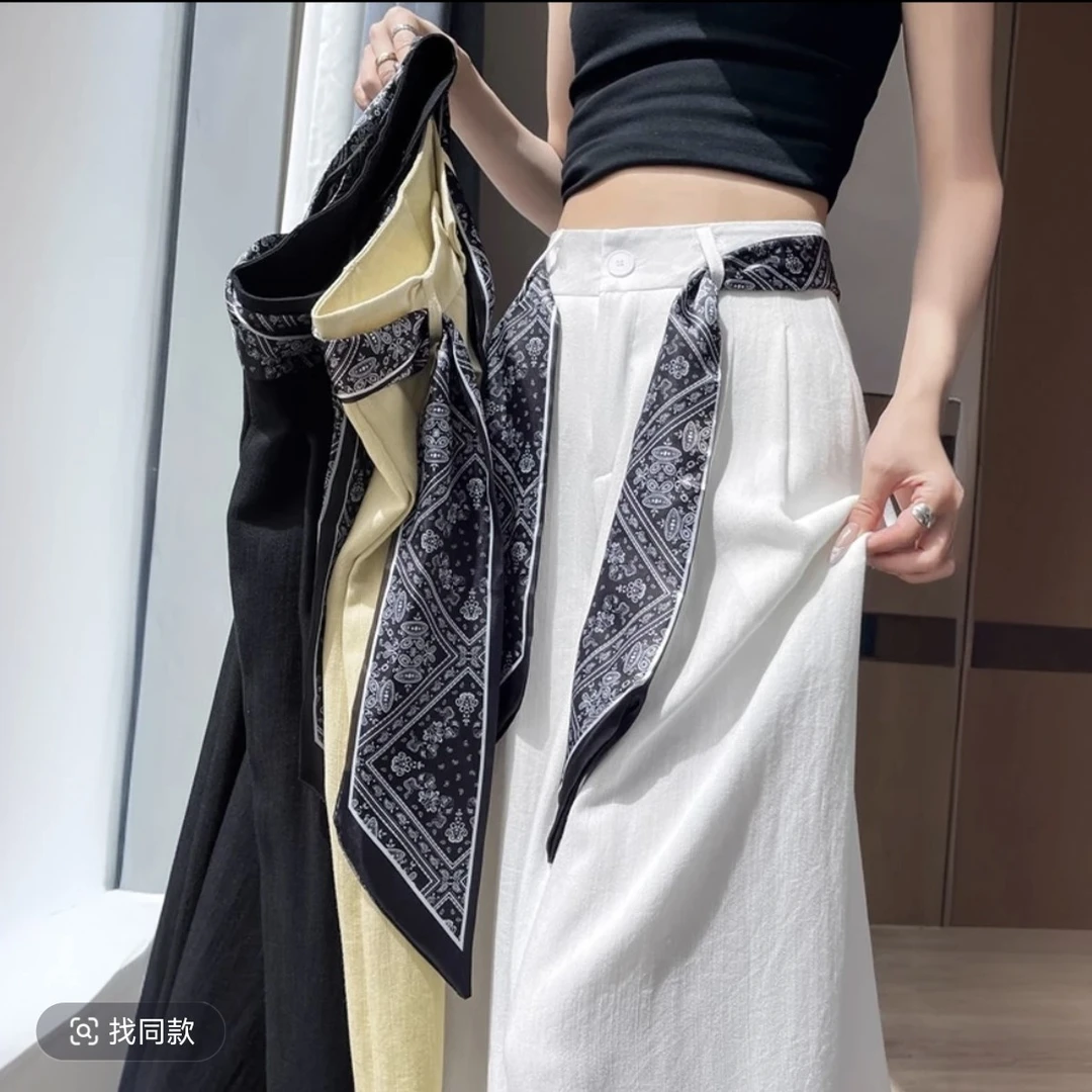 【现货+运险+丝巾】棉麻冰丝裤子女夏季薄款2025新款拖地直筒QQ9977