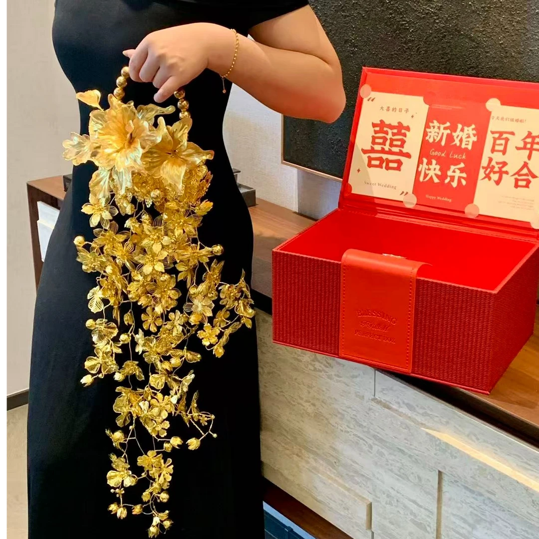 金色瀑布手捧花鎏金新娘结婚礼物手工diy材料包婚礼手拎花中式