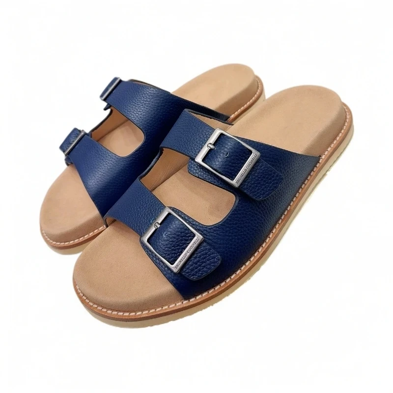 真皮透气鞋子男鞋休闲拖鞋男士百搭夏季一字拖防滑蓝色增高软底